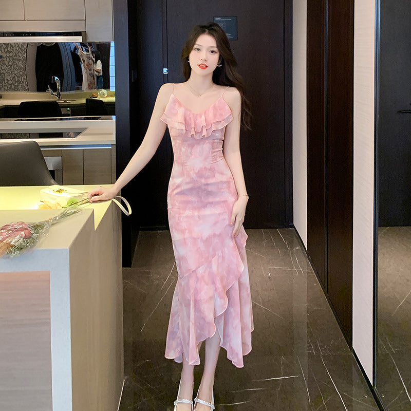 Ruffle Collar Irregular V-Neck Chiffon Strap Dress