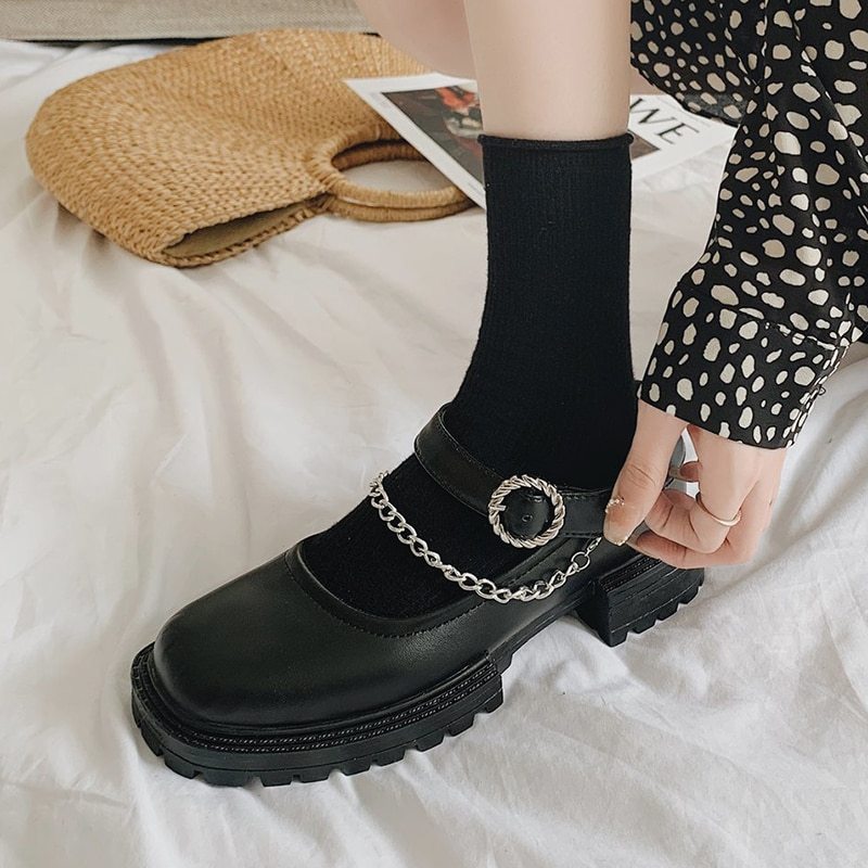 Rimocy Black Pu Leather Metal Chain Chunky Mary Janes Shoes Woman Autumn Square Heels Ankle Strap Platform Pumps Women Punk