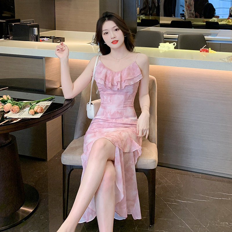 Ruffle Collar Irregular V-Neck Chiffon Strap Dress