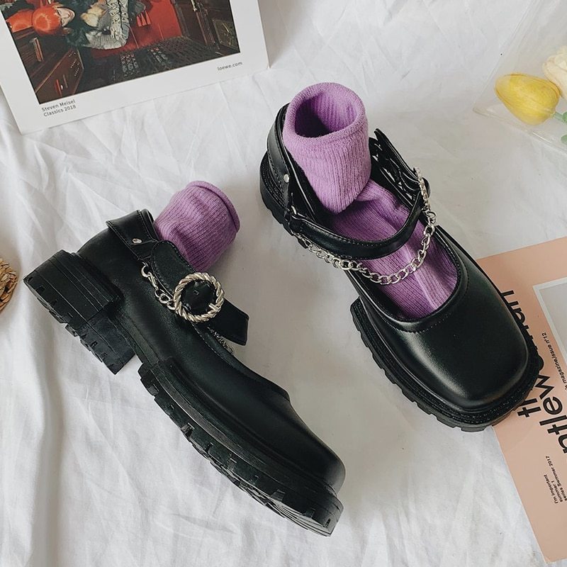 Rimocy Black Pu Leather Metal Chain Chunky Mary Janes Shoes Woman Autumn Square Heels Ankle Strap Platform Pumps Women Punk