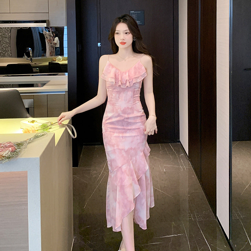 Ruffle Collar Irregular V-Neck Chiffon Strap Dress
