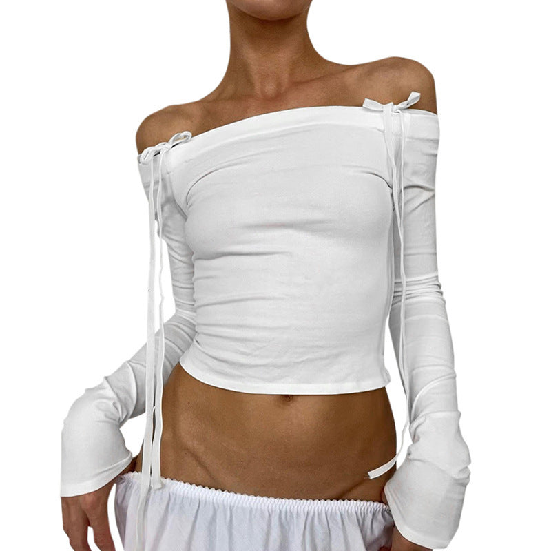 Pure Desire Style Lace-up Bow Off-shoulder Long Sleeve Backless Sexy Top Women's Clothing