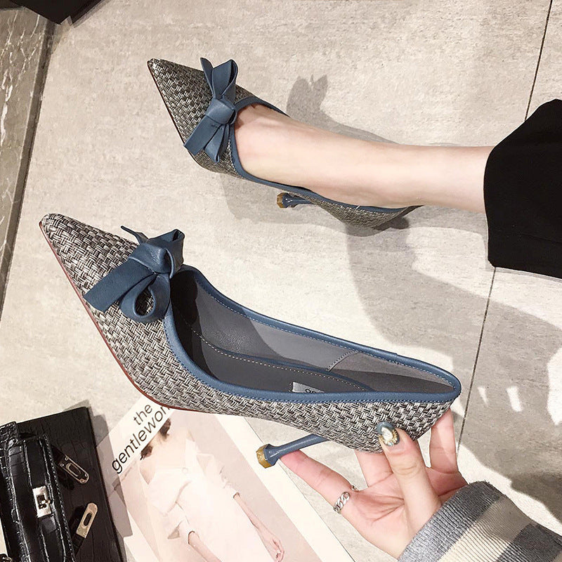 Women's Leather Bow Stiletto Pointed High Heels