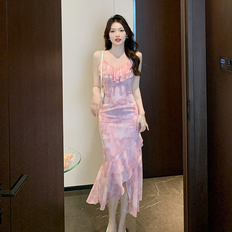 Ruffle Collar Irregular V-Neck Chiffon Strap Dress