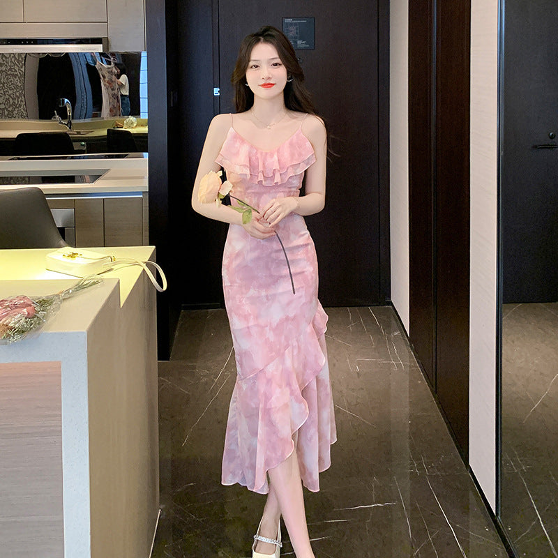 Ruffle Collar Irregular V-Neck Chiffon Strap Dress