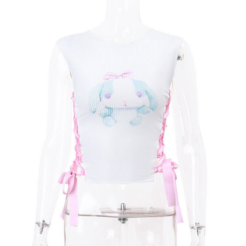 Women's Round Neck Pullover Cute Rabbit Print Knotted Short Vest