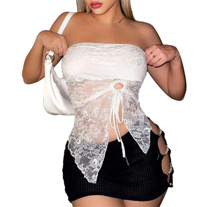 Women's Solid Color Chest-wrapped Beveled Lace Stitching Tied Top