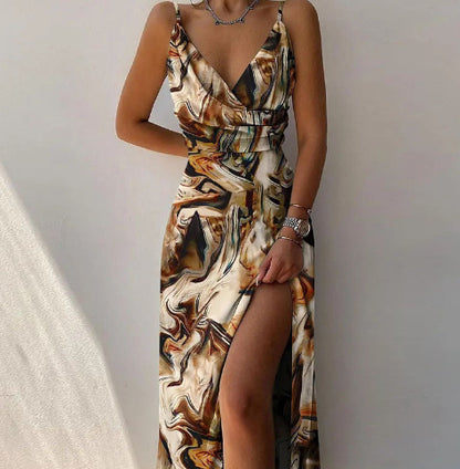 V-neck Slip Dress Low Cut Printed Slit Dress