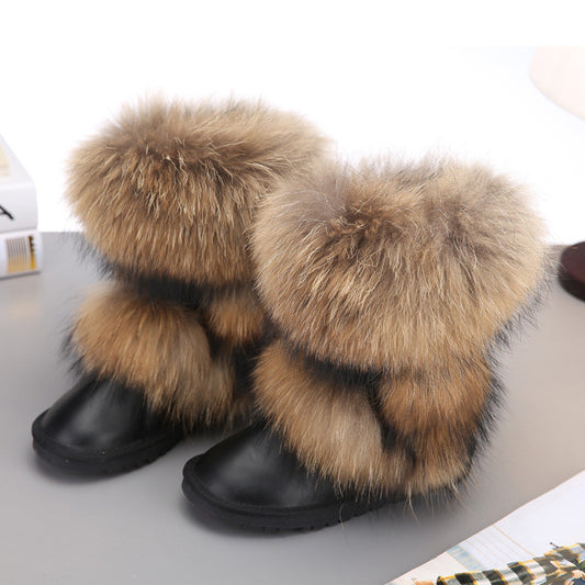 Women's Winter Mid-calf Fox Fur Snow Boots