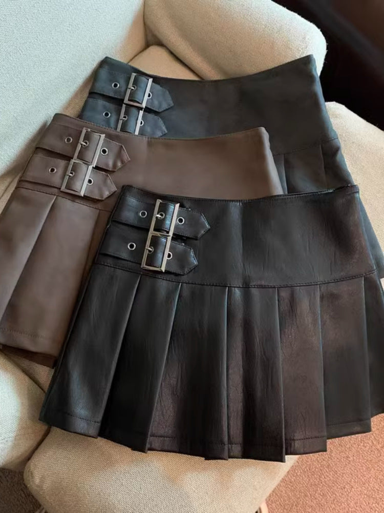 Women's American-style Vintage Brown PU Leather Pleated Skirt