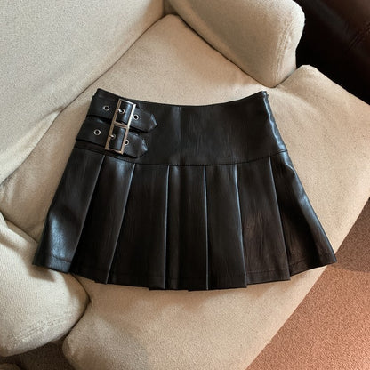 Women's American-style Vintage Brown PU Leather Pleated Skirt