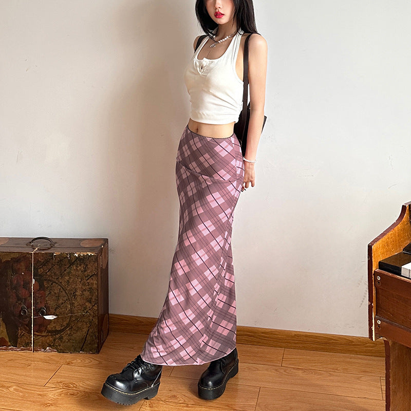 Solid Color Slim-fit Street Fashion High Waist Casual Plaid Skirt