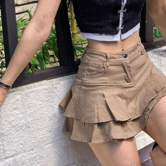 American Hot Girl Khaki High Waist A- Line Ruffled Denim Skirt For Women
