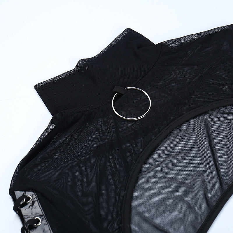Dark Style Half Turtleneck Bell Sleeve Bilateral Ribbon Slim Fit Waistcoat