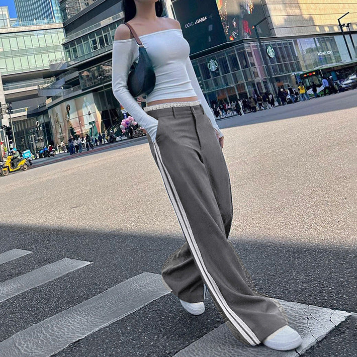 Vertical Stripe Ribbon Loose Straight Temperament Leisure Style Pants Trousers