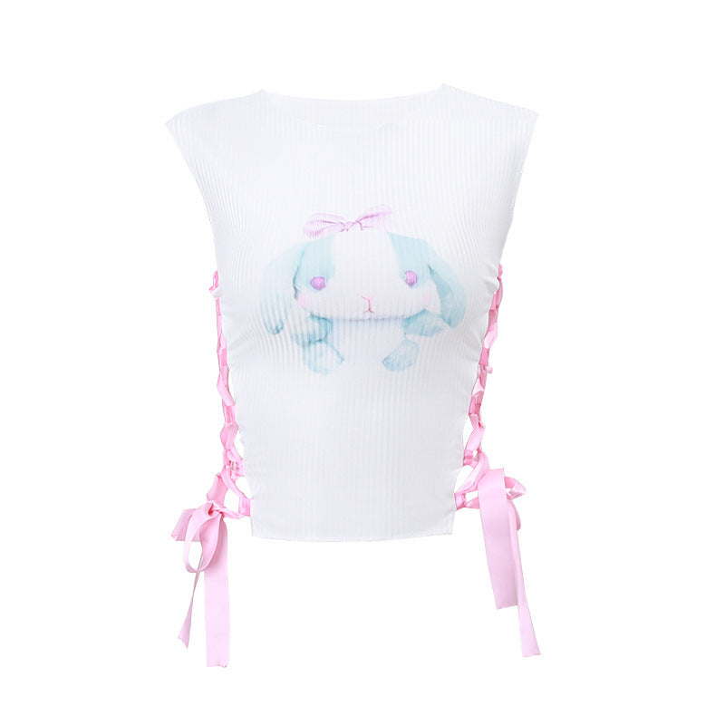 Women's Round Neck Pullover Cute Rabbit Print Knotted Short Vest