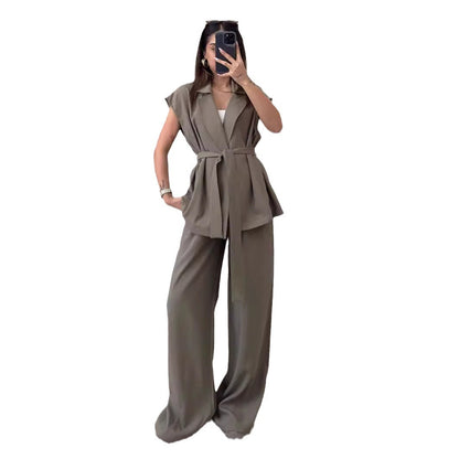 Sleeveless Oversize Lace-up Cardigan High Waist Trousers Suit