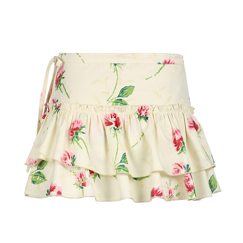 Holiday Flowers Stitching Tied Ruffled Low Waist Skirt Women