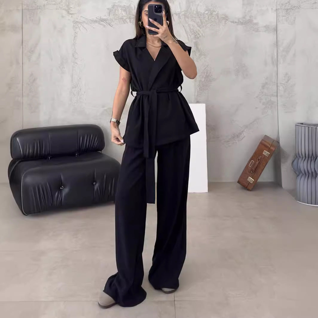 Sleeveless Oversize Lace-up Cardigan High Waist Trousers Suit