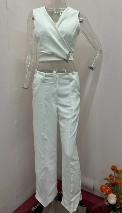 Women's Fashion Cross Slim Sleeveless Vest High Waist Wide Leg Pants Suit