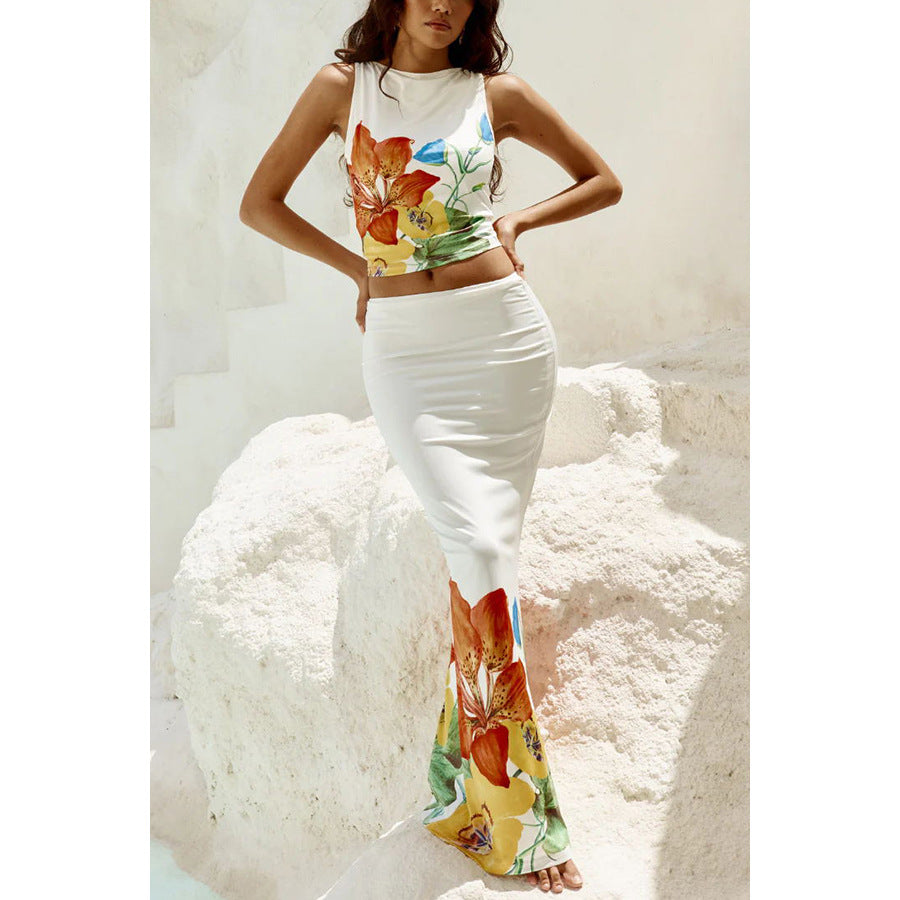 Positioning Flower Sleeveless Dress Two-piece Set