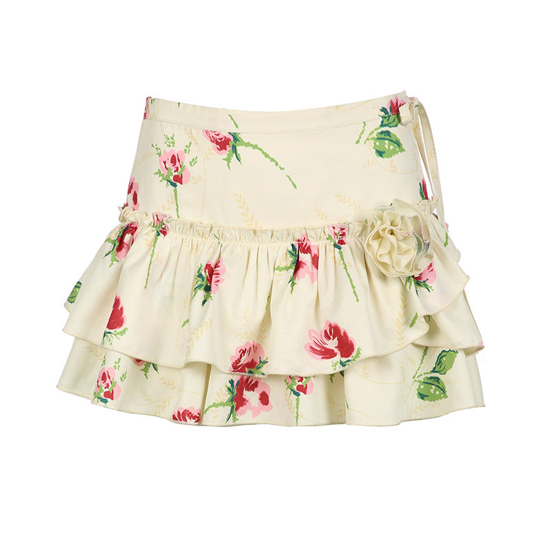 Holiday Flowers Stitching Tied Ruffled Low Waist Skirt Women