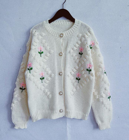 Handmade Crocheted Embroidery Twist Pearl Buckle Knitted Sweater Cardigan Coat