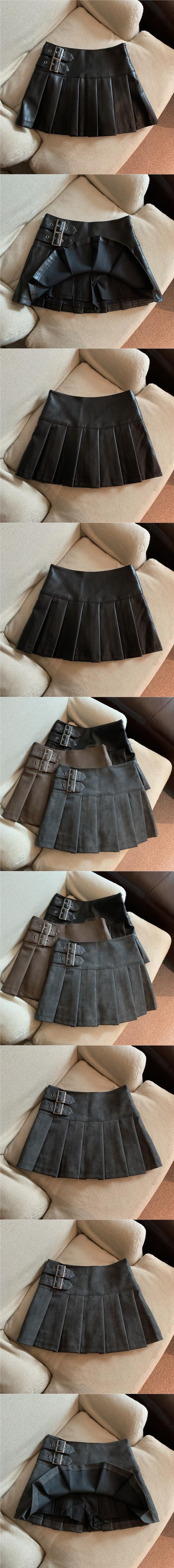 Women's American-style Vintage Brown PU Leather Pleated Skirt