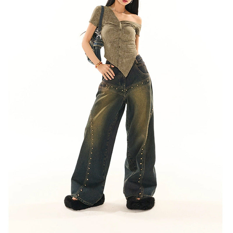 Washed-out Vintage Blue Washed Low Waist Jeans For Women