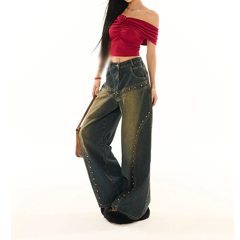 Washed-out Vintage Blue Washed Low Waist Jeans For Women