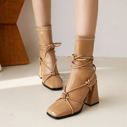 European And American Lace Up Thick High Heel Square Head Women's Ankle Boots G682