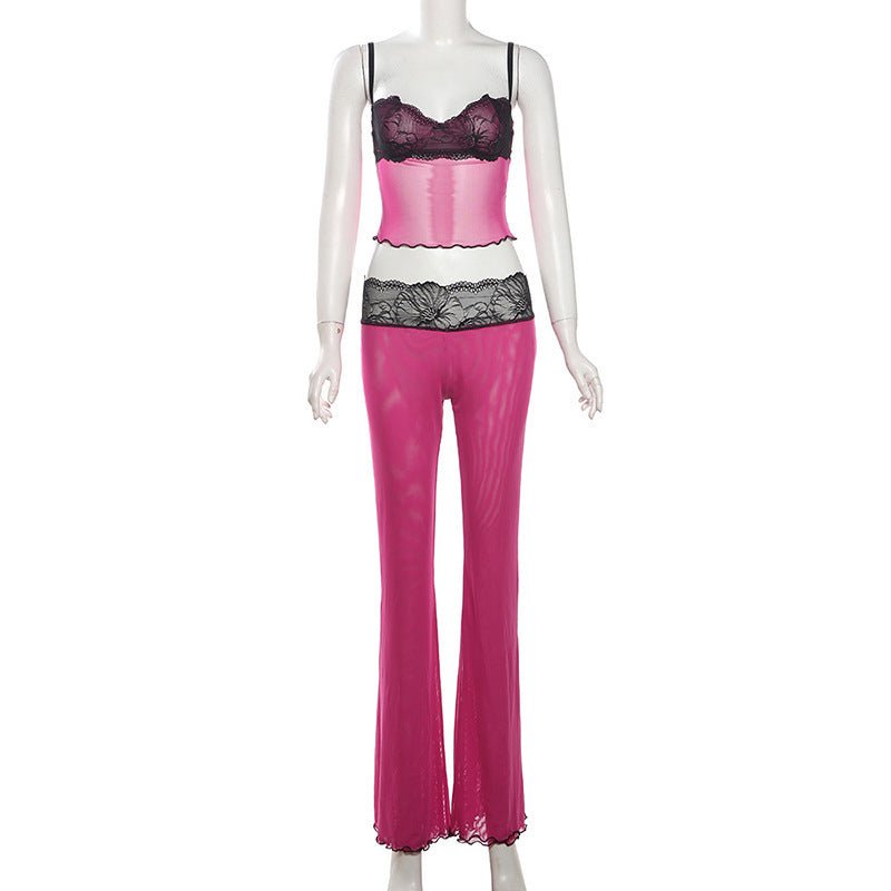 Sexy Intellectual Strap Lace Jacquard Stitching Contrast Color Tight-fitting Cinched Top And Trousers Suit