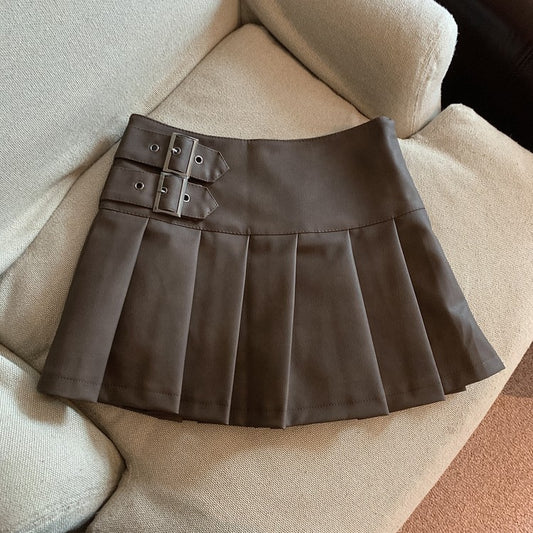 Women's American-style Vintage Brown PU Leather Pleated Skirt