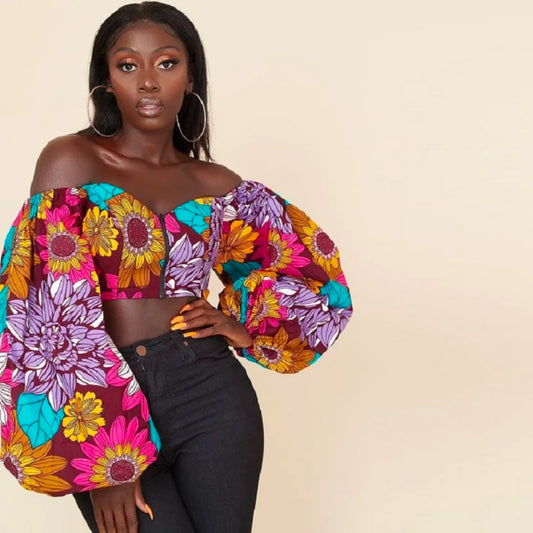 African Style Digital Printing Women's Sexy Off-neck Tube Top Long Sleeve