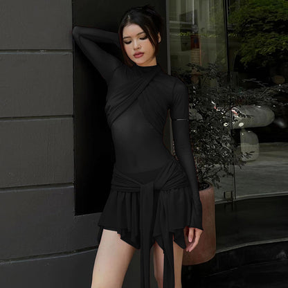 Female Hot Girl Slim Fit Mesh Stitching Long Sleeves Dress